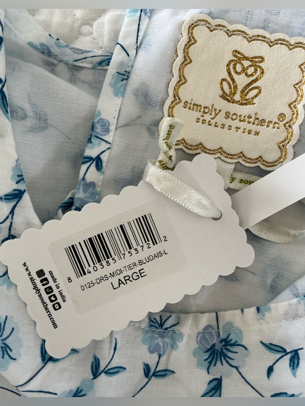 Simply Southern White with Blue Daisy Print Ruffle Sleeves Midi Tiered Dress L - Picture 9 of 15